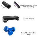3 in 1 Home Gym Set – Fitness Mat With Cover Bag, Stepper 2 Level & Dumbbells