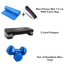 3 in 1 Home Gym Set – Fitness Mat With Cover Bag, Stepper 2 Level & Dumbbells