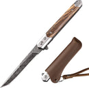 EDC Pocket Knife for Men, Slim Folding Knives with Sheath, Tanto Blade, Wood Handle