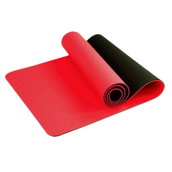 Yoga Mat Exercise Fitness TPE Eco Friendly Non Slip Dual Layer Red 0.6 cm With Handle Strap