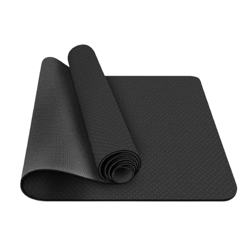 Yoga Mat Exercise Fitness TPE Eco Friendly Non Slip  Black 0.6 cm With Handle Strap
