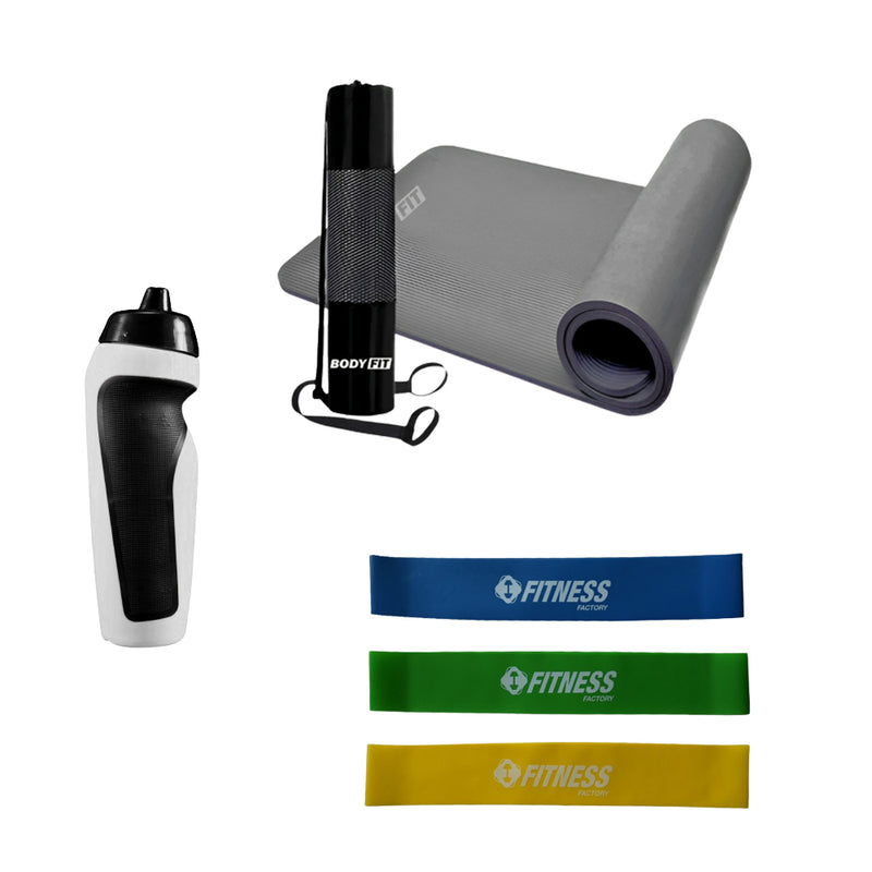 Starter Gym Kit - Fitness Mat 1.5 cm With Carry Bag + Squeeze Water Bottle 500 ml+ Set Resistance Band