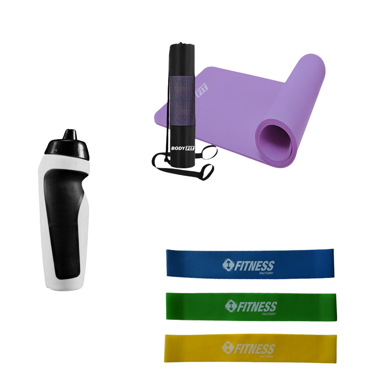 Starter Gym Kit - Fitness Mat 1.5 cm With Carry Bag + Squeeze Water Bottle 500 ml+ Set Resistance Band